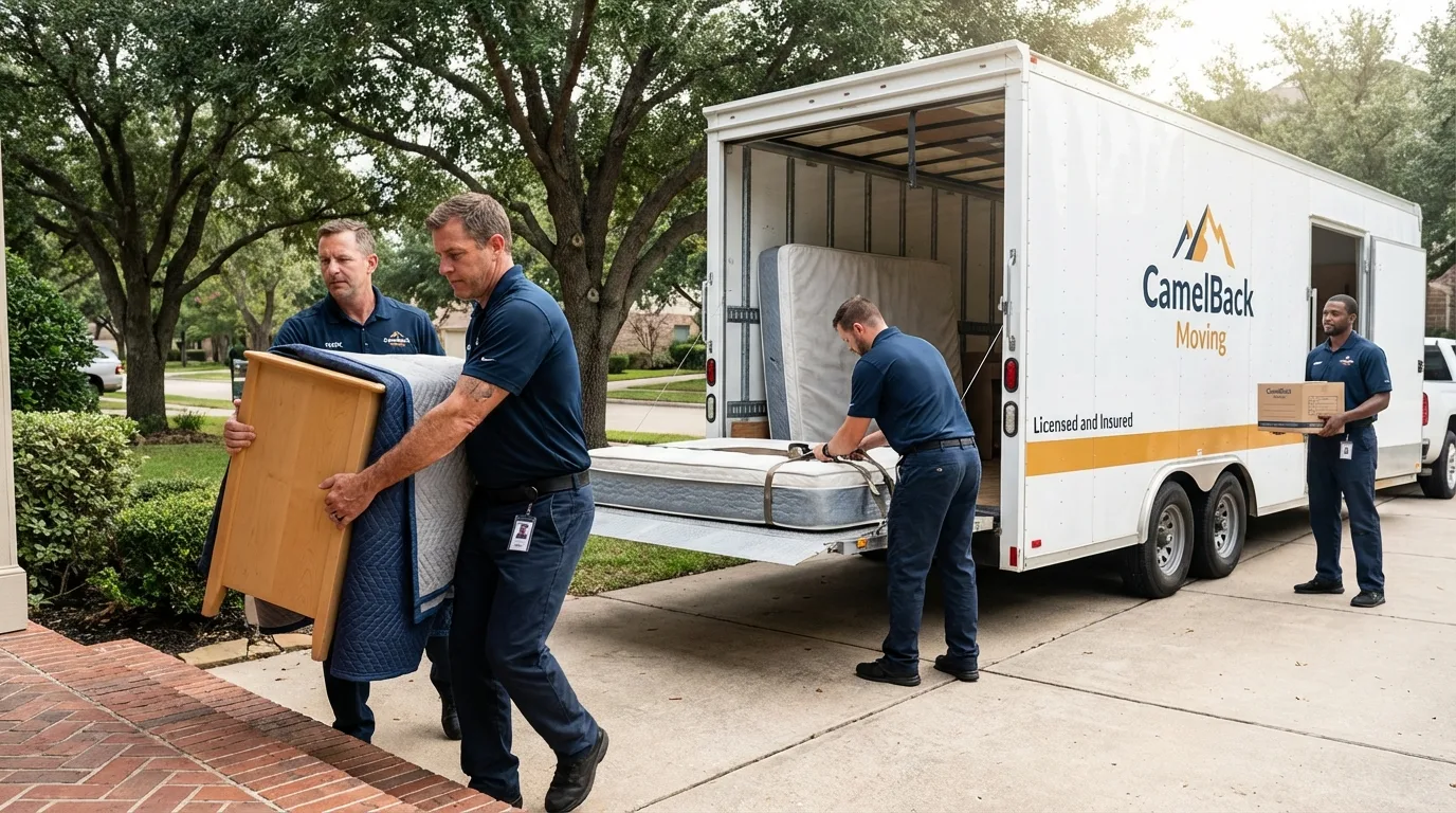 Crew loading residential truck for cross-state move from Morris, OK