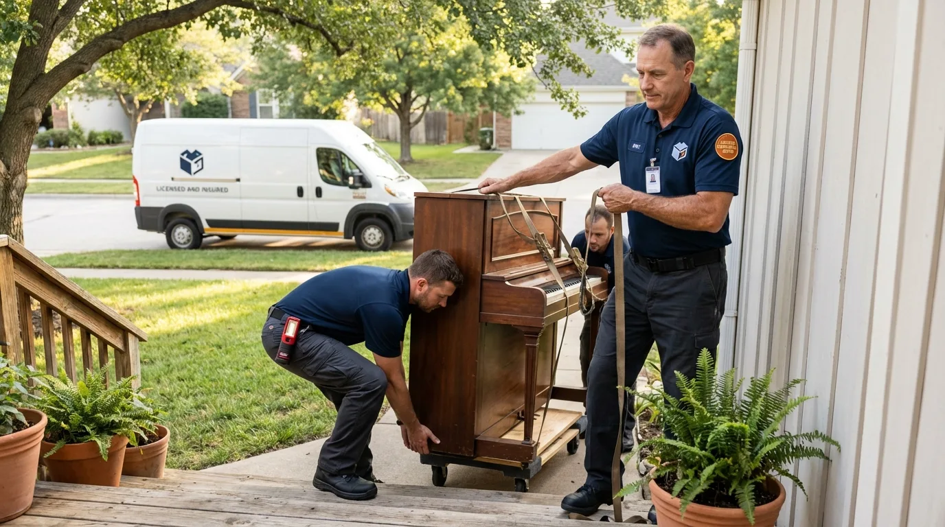 Licensed piano movers securing grand piano in Morris, OK