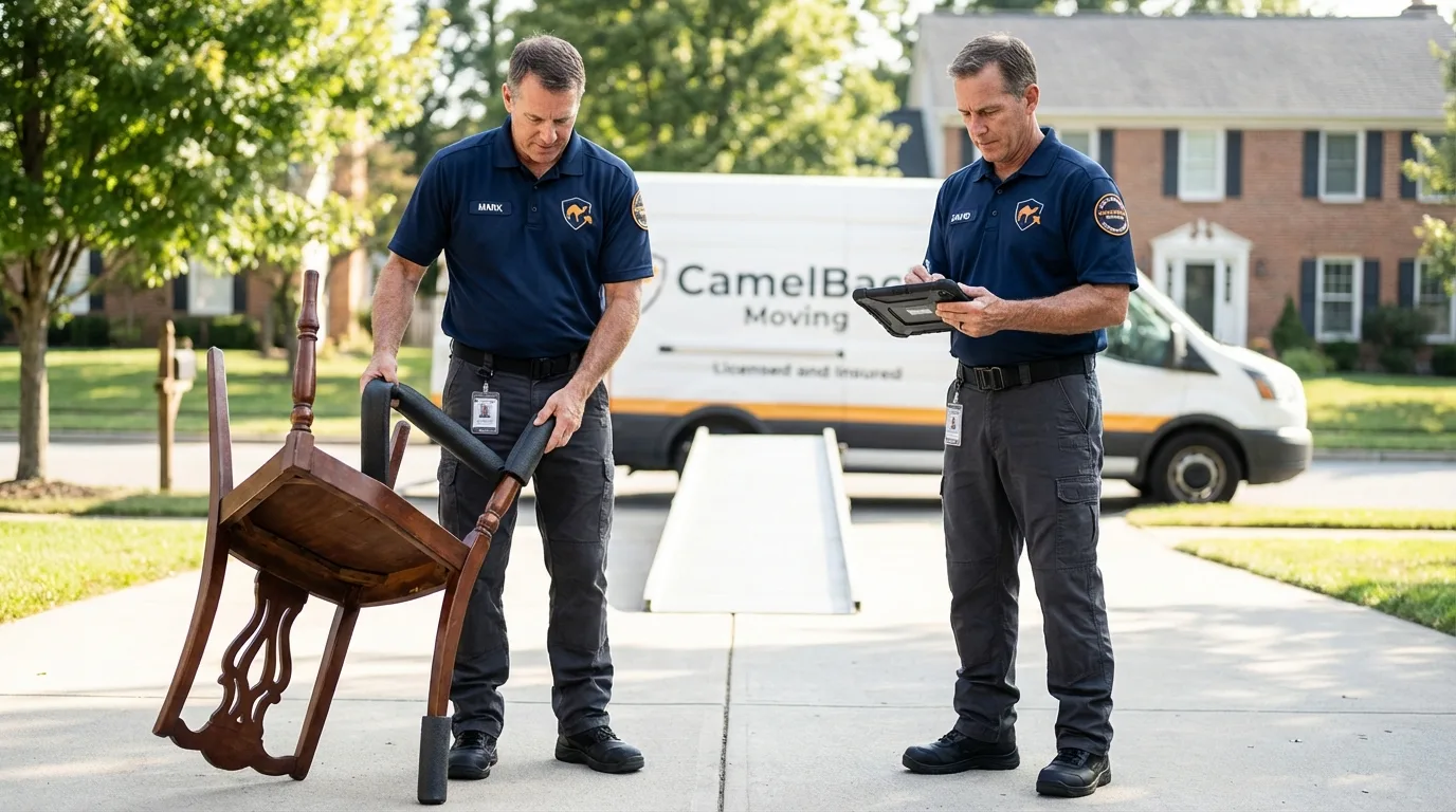 Movers inspecting furniture for damage prevention before loading in Morris, OK