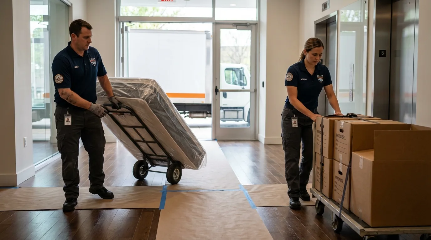 Professional apartment movers loading elevator in Morris, OK
